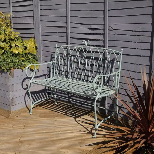 Charles Bentley Rustic Decorative Wrought Iron Outdoor Bench in Green