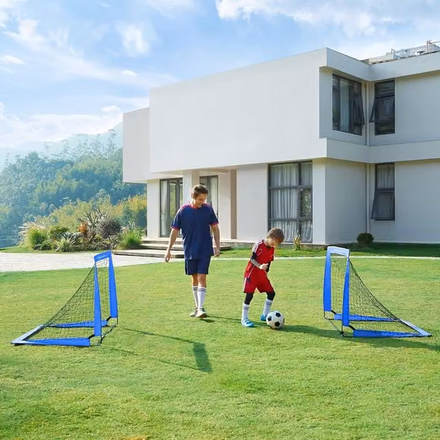 The Bazaarist Set of 2 Foldable Kids Football Goals in Blue, Metal and Textile, W/H: 120 x 80 cm