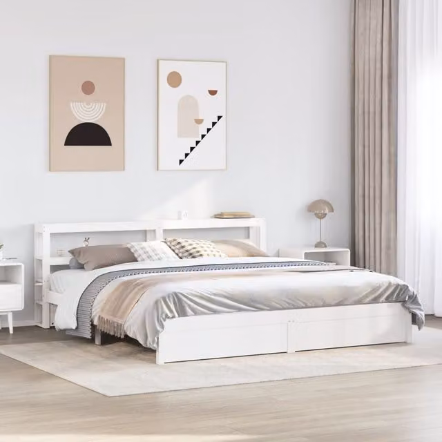 Berkfield Home White Rustic Pine Bed Frame with Headboard and Side Compartments, 200 x 200 cm