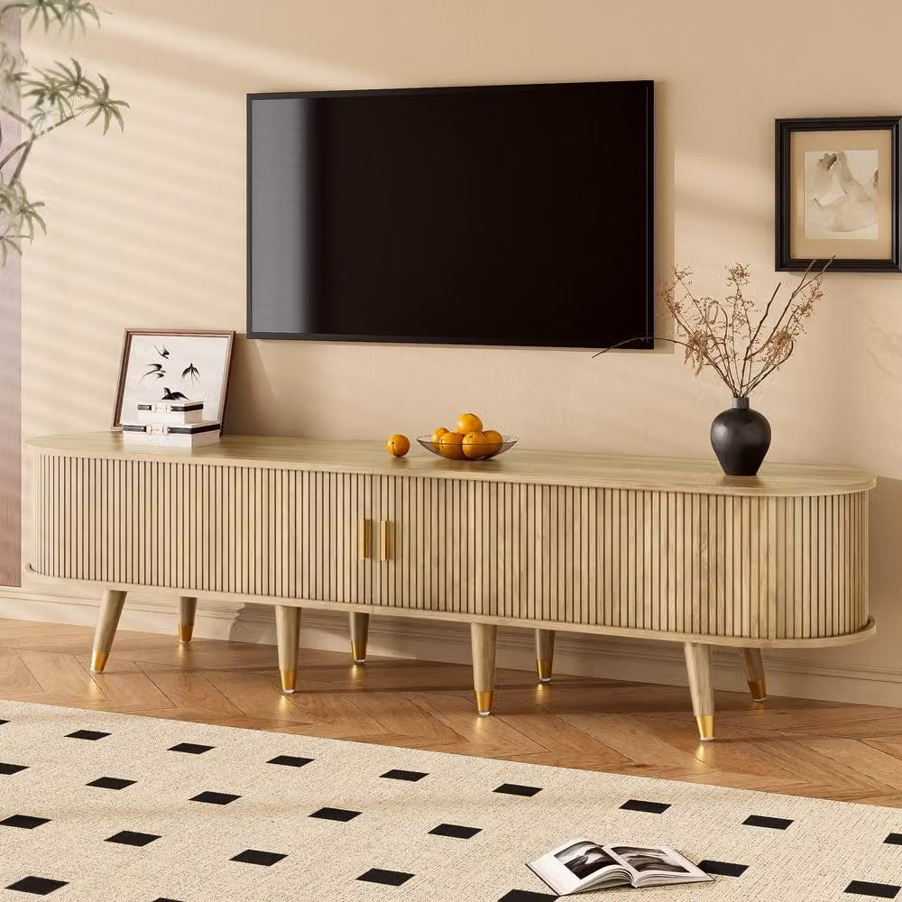 Merax Mid-Century Oval TV Stand with Slatted Sliding Doors in Brown, W: 175 cm, D: 45 cm, H: 45 cm – 4