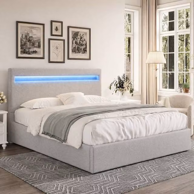 Comfy Living Ltd Modern Fabric Upholstered Ottoman Bed Frame with LED Under-Bed Lighting in Light Grey, W/D/H: 180 x 200 cm