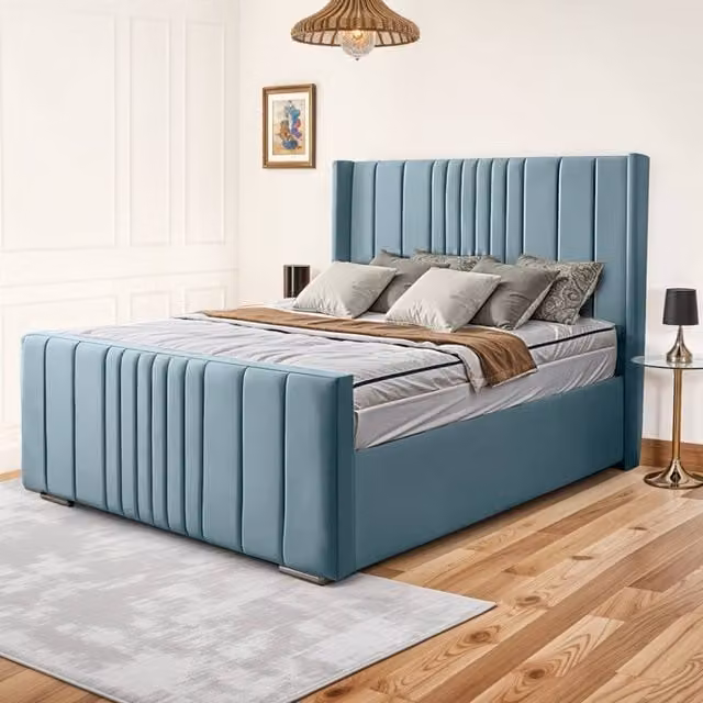 UK Bed Furniture Balmoral Wingback Ottoman Gas Lift Upholstered Bed in Blue Velvet, Size: 180 x 200 cm – 1