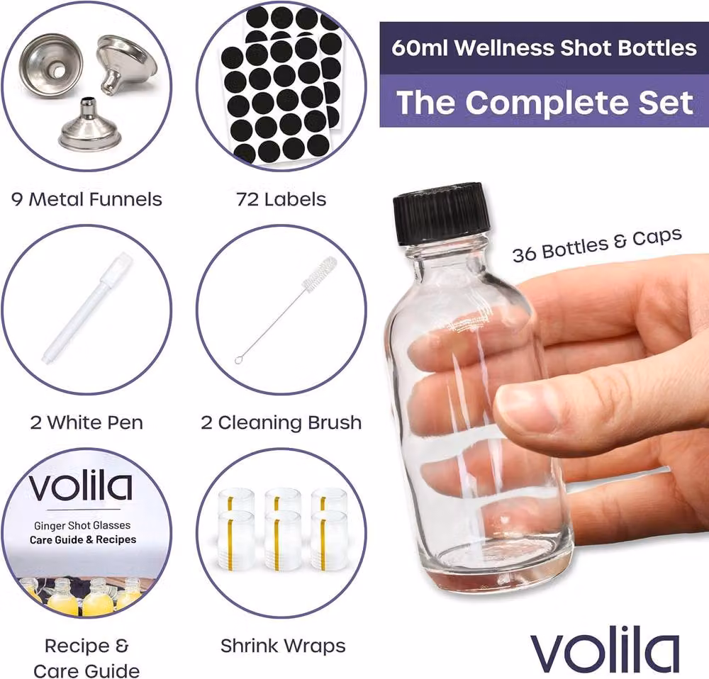 Volila 48 Pack Transparent Glass Juice Shot Bottles with Screw Caps – 3