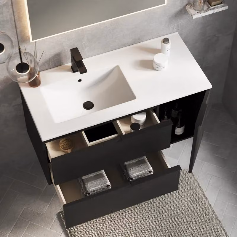 Banyetti Celtic Duo Wall Hung Vanity Unit with Door and Basin, Matt Black, W: 100 cm, D: 45 cm, H: 48 cm – 3
