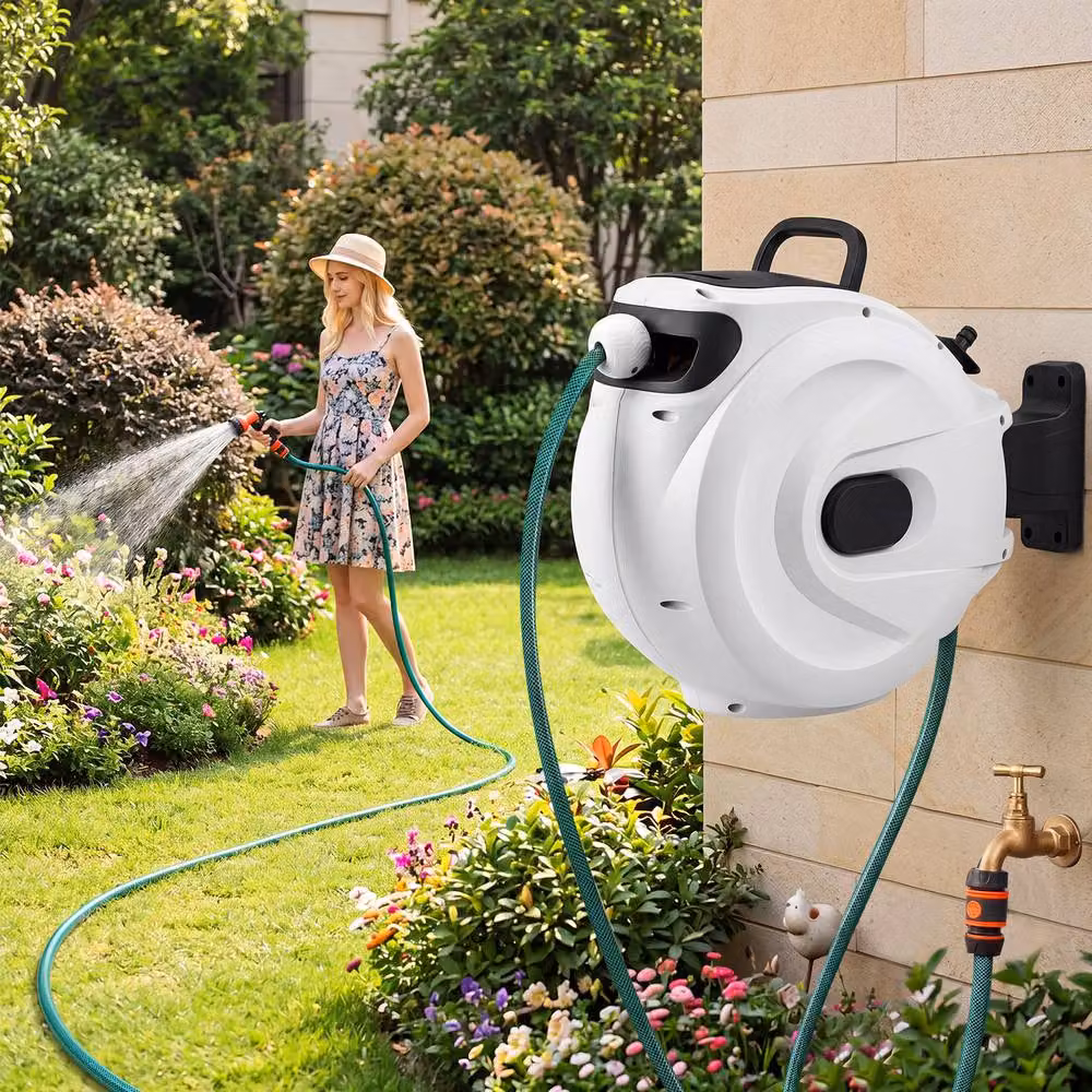 Gymax White Wall-Mounted Retractable Hose Reel with Auto-Rewind, 1/2 Inch x 30m + 2m – 8