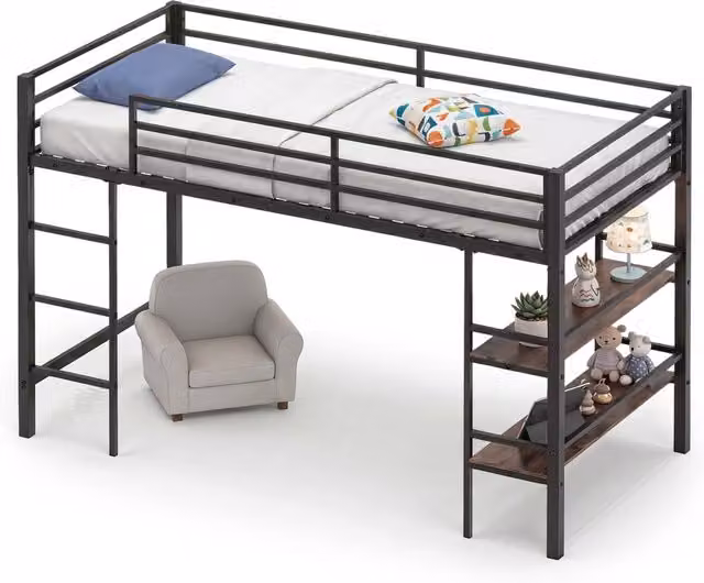 Costway Single Size Metal Loft Bed with Storage Shelves and Stairs in Brown