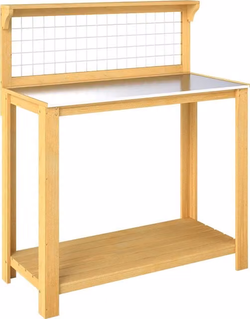 Outsunny Wooden Potting Bench Table with Aluminium Worktop and 2 Shelves in Brown