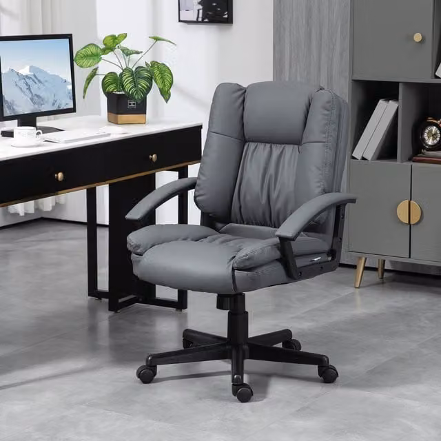 HOMCOM Modern Grey Executive Swivel Desk Chair with Armrests and Castors in Synthetic Leather