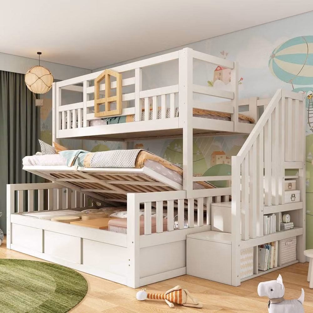 ModernLuxe Double Childrens Bunk Bed with Ottoman Storage and Stairs in White and Black – 3
