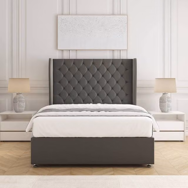 BSSPOKE Amelia Grey Plush Velvet Single Divan Bed Set with 54 inch Headboard and Mattress, W/D/H: 90 x 190 cm