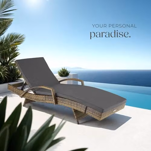 tectake Rattan Sun Lounger with 5-Position Adjustable Backrest and Soft Cushion in Nature – 2