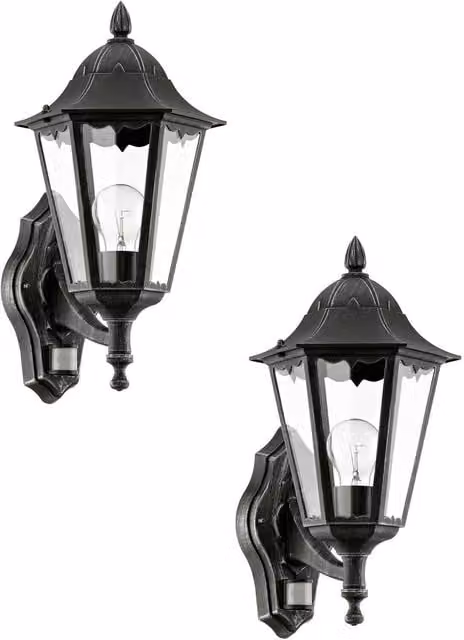 Loops 2 Pack IP44 Outdoor Wall Lanterns with PIR Motion Sensor in Black and Silver Patina, Aluminium and Glass, E27 60W