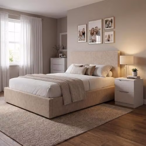 FWStyle Small Double Ottoman Storage Bed in Beige Sand, H 209 cm x W 139 cm x D 113 cm – 5