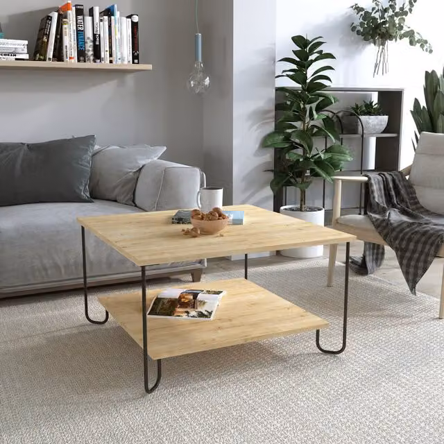 Decortie Modern Square Coffee Table in Oak and Brown, W/D/H: 80 x 80 x 45 cm