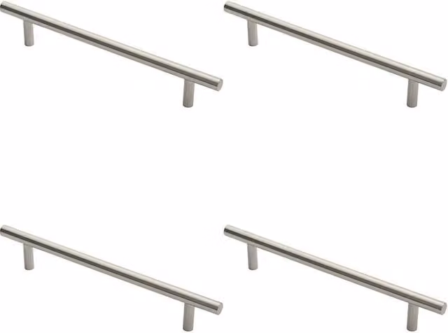 Loops Set of 4 Straight T Bar Pull Handles, 19mm Diameter, Silver Brushed Stainless Steel, 300mm Fixing Centres