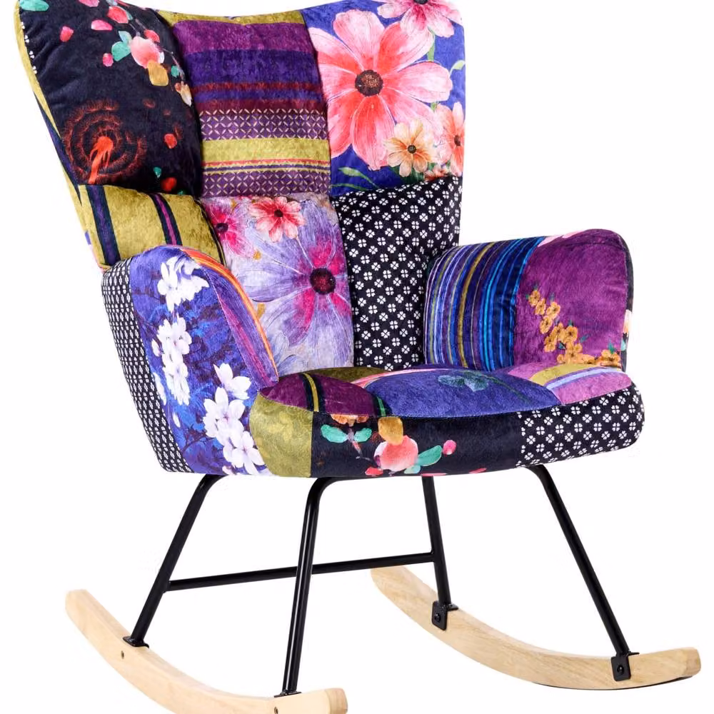 Wyld and Coco Multicolour Velvet Floral Shell Rocking Chair with Armrests and Rubberwood Legs – 2