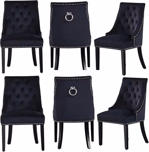 Life Interiors Windsor Set of 6 Knocker Back Velvet Dining Chairs in Black with Wood Legs – 1