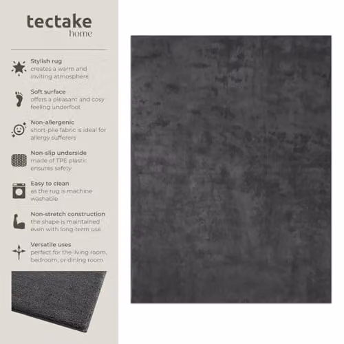 tectake Fluffy Rug in Anthracite Grey, Allergy-Friendly and Washable Short-Pile Polyester Carpet, W: 140 cm, D: 200 cm – 2