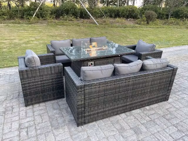 Fimous 8 Seater Outdoor Rattan Garden Furniture Set with Gas Fire Pit Table, Lounge Chairs and Upholstered Sofa in Dark Grey