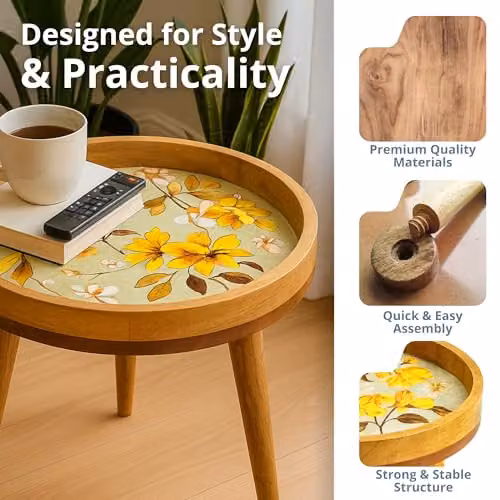 Hartsmede Mango Wood Round Coffee Side Table with V Bouquet Floral Resin Enamel Top, Multicolour, W/D/H: 38 x 38 x 46 cm – 3