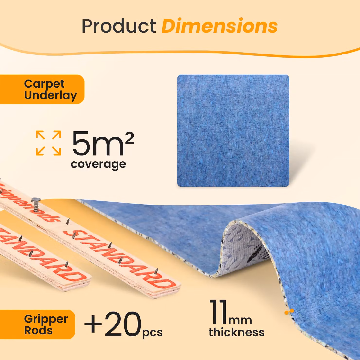 Novecrafto 11mm Carpet Underlay Kit with 20 Blue Plastic Gripper Rods, 5m2 – 3