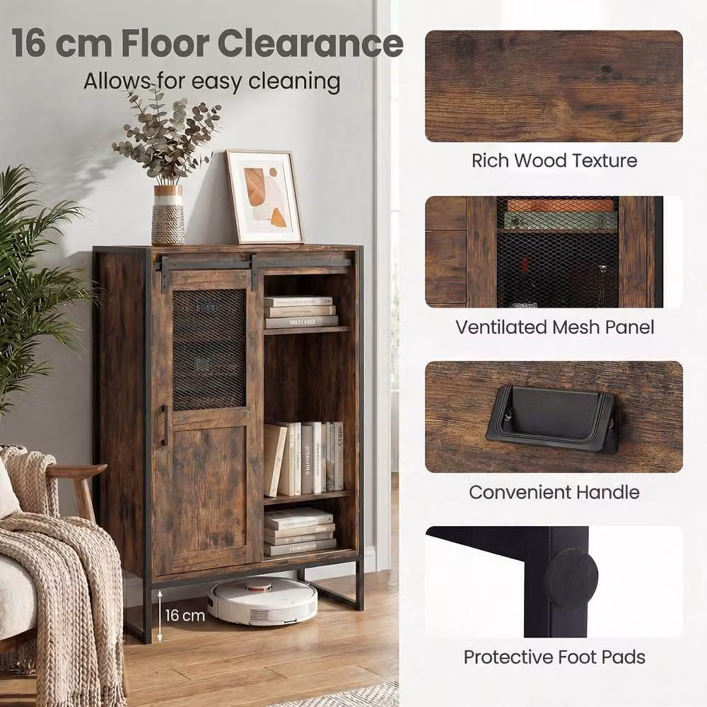 Costway Rustic Brown Floor Buffet Cabinet Organizer with Sliding Doors and Adjustable Internal Shelves – 6