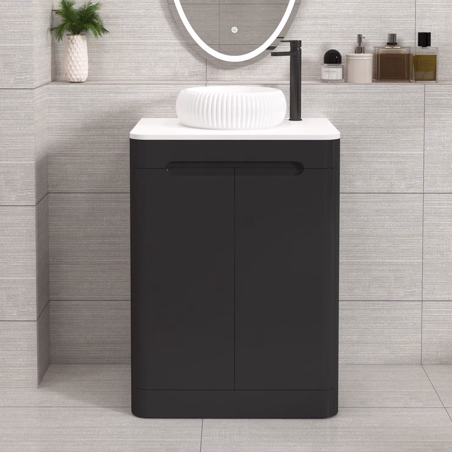 Royal Bathrooms Venice 600mm Matt Nocturne Black Floor Standing 2 Door Vanity Unit with Plain White Worktop and Milan Basin
