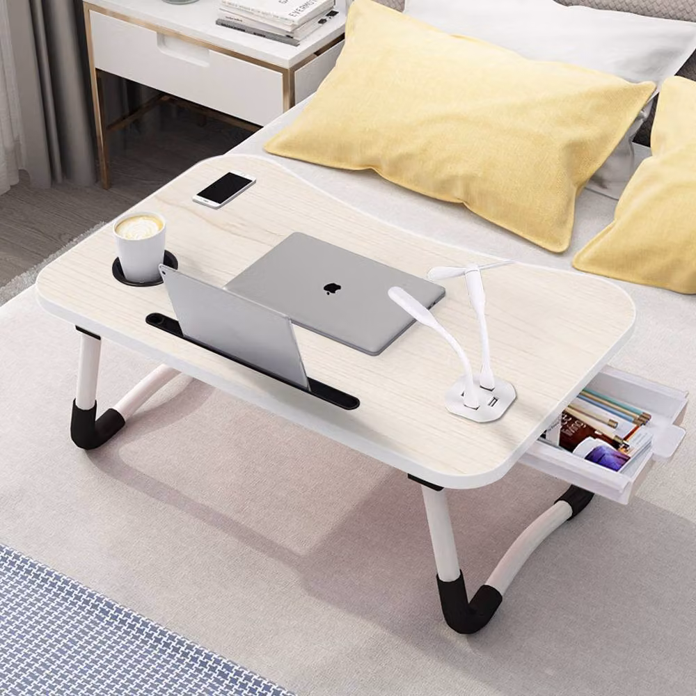 Living and Home Folding Laptop Bed Table with LED Light, Fan, 4 USB Ports, Tablet Slot and Cup Holder in Beige – 5