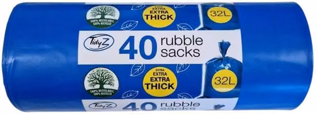 Tidyz Blue Plastic Rubble Sacks, 32L, Pack of 40