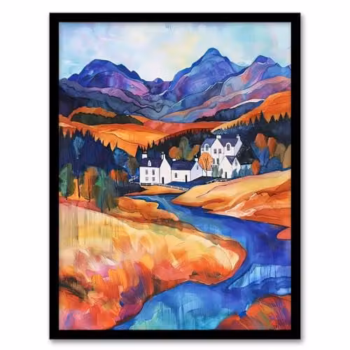 Artery8 Glencoe Mountain Cottages Scottish Landscape Framed Wall Art Print, Multicolour, W: 21.0 cm, H: 29.7 cm – 1