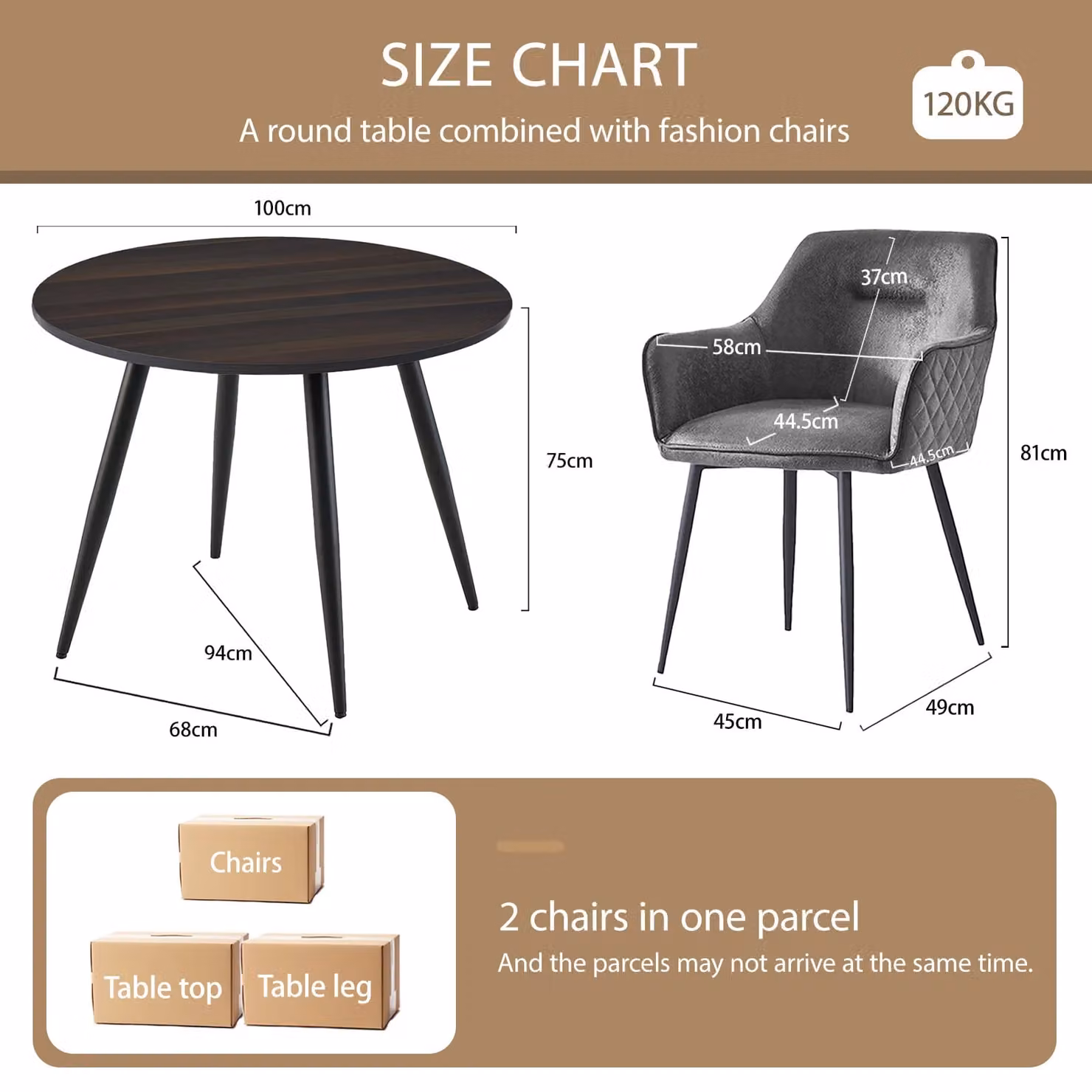 SONARA Dark Walnut Round Dining Table and 2 Grey Faux Suede Dining Chairs Set – 2