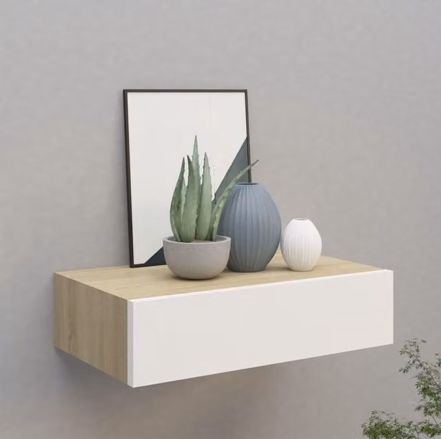 Berkfield Home Wall-mounted Drawer Shelf in Oak and White, Brown MDF, W/D/H: 40 x 23.5 x 10 cm – 1
