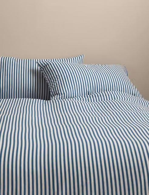 M&S Cotton Blend Striped Bedding Set in Slate Blue, W: 140 cm, L: 200 cm