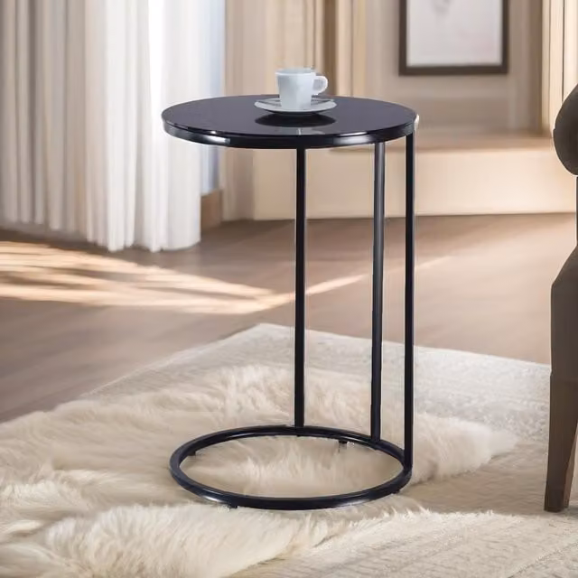 Pirlo Plush Modern C Shaped Side Table with Black Glass Top for your Living Room