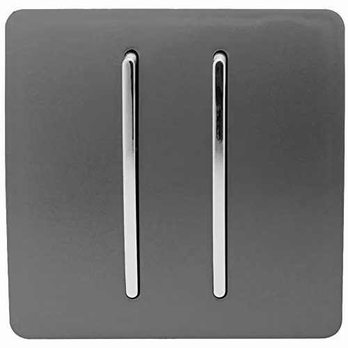 Trendi 2 Gang 2 Way 10 Amp Screwless Raised Front Plate Electrical Wall Light Switch in Charcoal Grey Plastic with Chrome Rocker