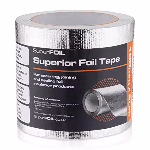 SuperFOIL Silver Reinforced Reflective Aluminium Composite Peel and Stick Foil Tape, W: 100 mm, L: 20 m