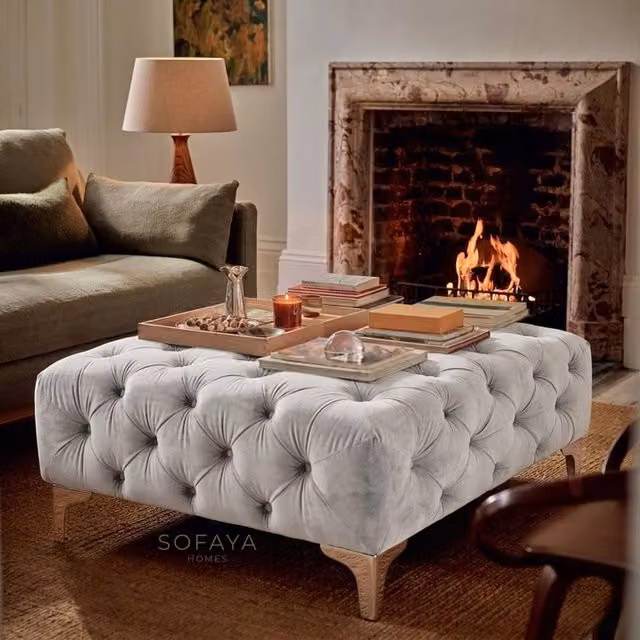 Sofaya Monaco Chesterfield Velvet Foot Stool and Coffee Table in Light Grey, W: 100 cm, D: 80 cm, H: 80 cm