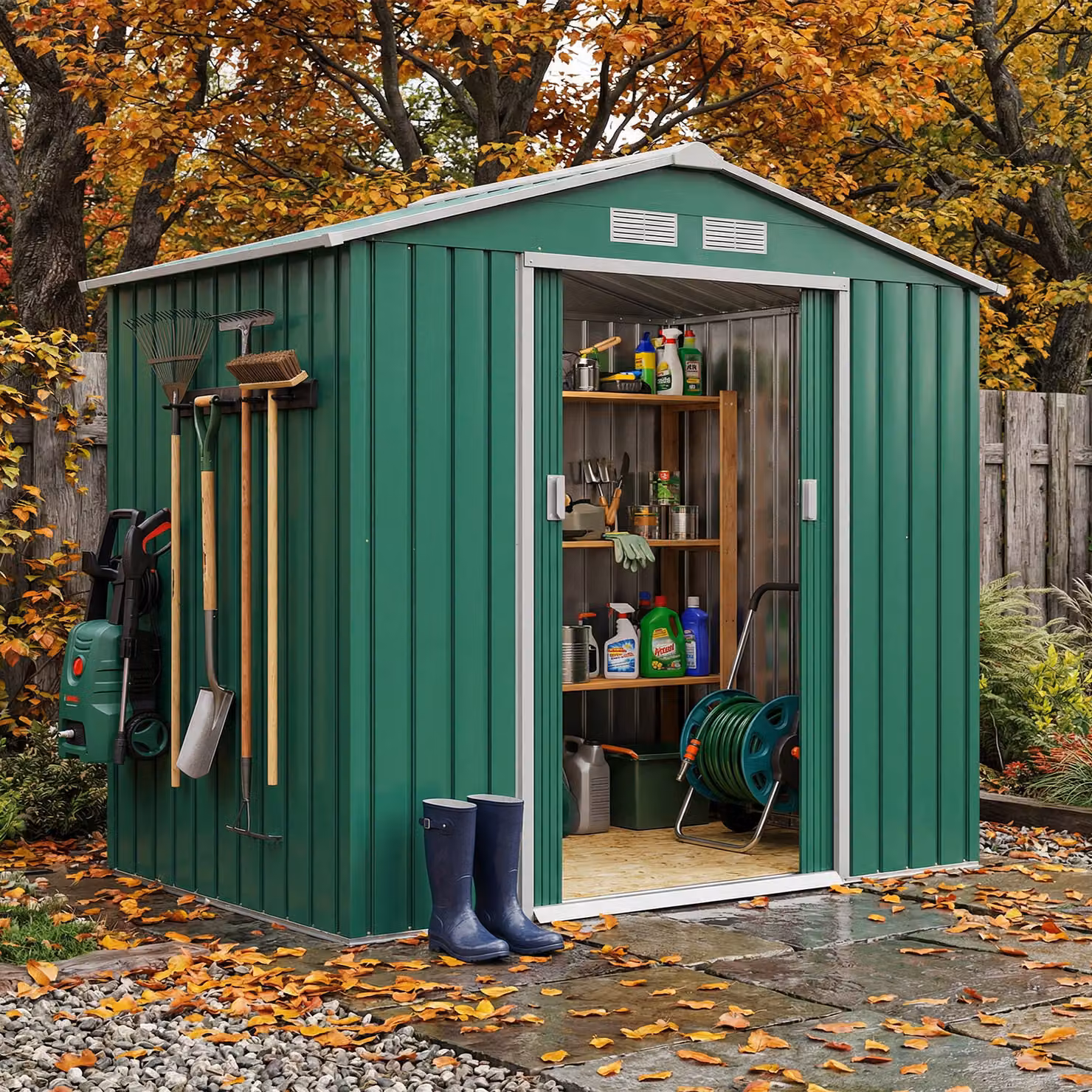 Outsunny Lockable Metal Garden Shed in Green with Gable Roof and Sliding Doors – 2