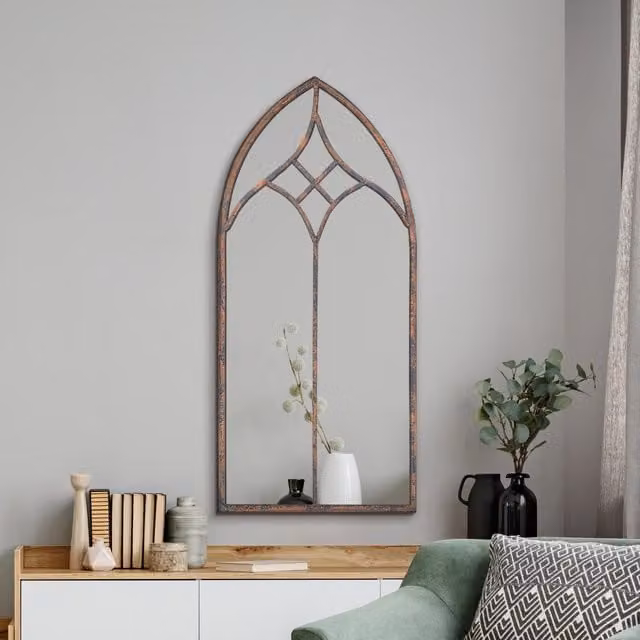 MirrorOutlet The Kirkby Rustic Arched Gothic Wall Mirror in Brown