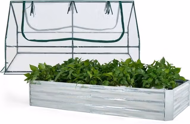 COSTWAY Outdoor Planter Box Kit with Silver Greenhouse and PVC Window