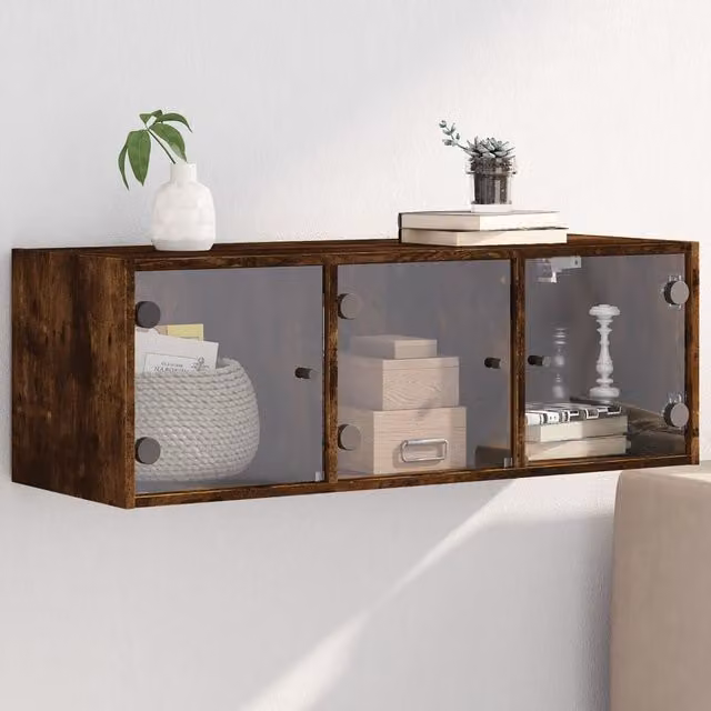 Berkfield Home Wall Mounted Cabinet with Glass Doors in Smoked Oak Brown, W/D/H: 102 x 35 x 37 cm – 1