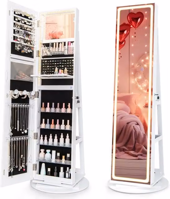 Costway White Glossy Swivel Jewellery Cabinet with Lock, LED Lighting and Mirror