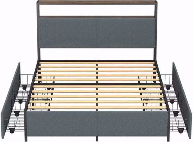 FLAVORA Metal Bed Frame with Headboard and Drawers in Grey – 1
