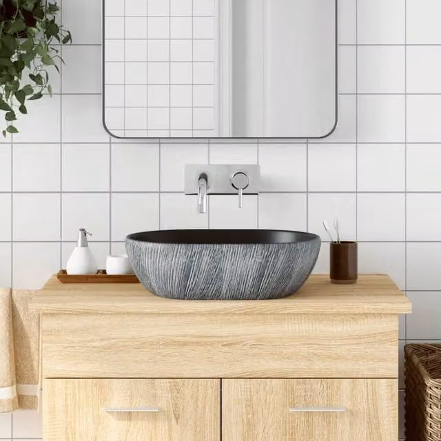 Berkfield Home Oval Ceramic Countertop Basin in Black and Grey, W: 47 cm, D: 33 cm, H: 13 cm – 1