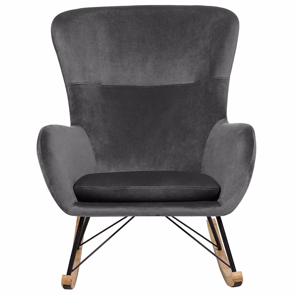 Wyld and Coco Dark Grey Velvet Rocking Chair with Metal Frame and Rubberwood Rockers – 3