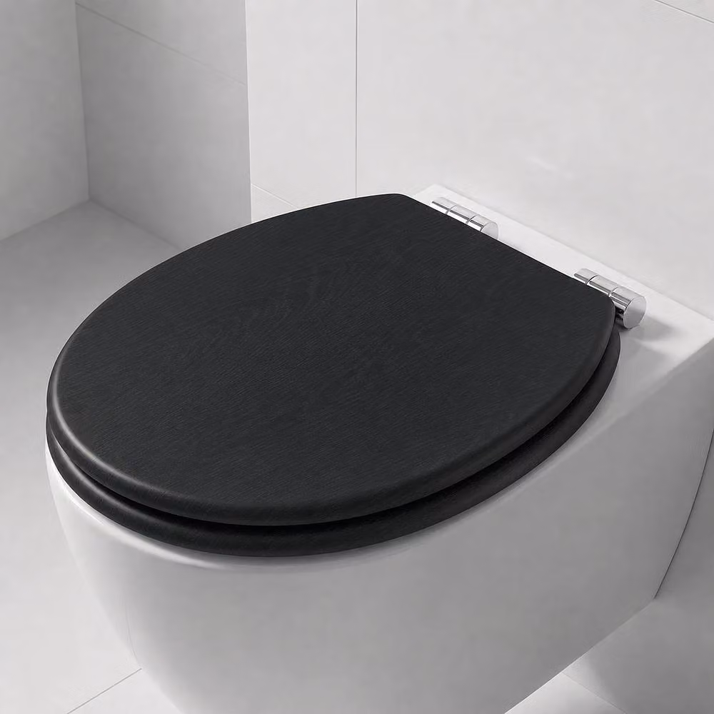 SINOBATH Universal Oval MDF Toilet Seat with Soft-Close and Antibacterial Finish, Black, W: 43.5 cm, D: 37.5 cm, H: 5 cm – 2