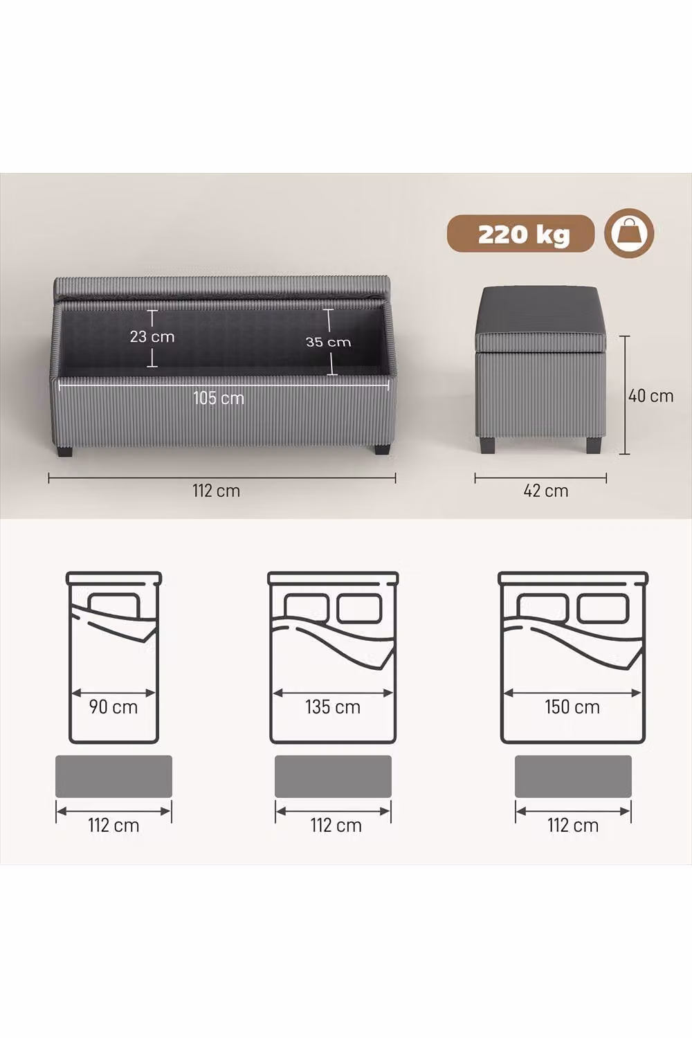 ERGOVEXA Grey Corduroy Storage Ottoman with Metal Frame, W/D/H: 112 x 42 x 40 cm – 2