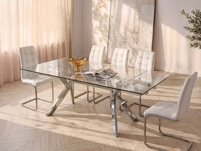 Vente-unique Extendable Rectangular Dining Table in Transparent Glass and Silver Metal, W/D/H: 180 x 90 x 76 cm – 1