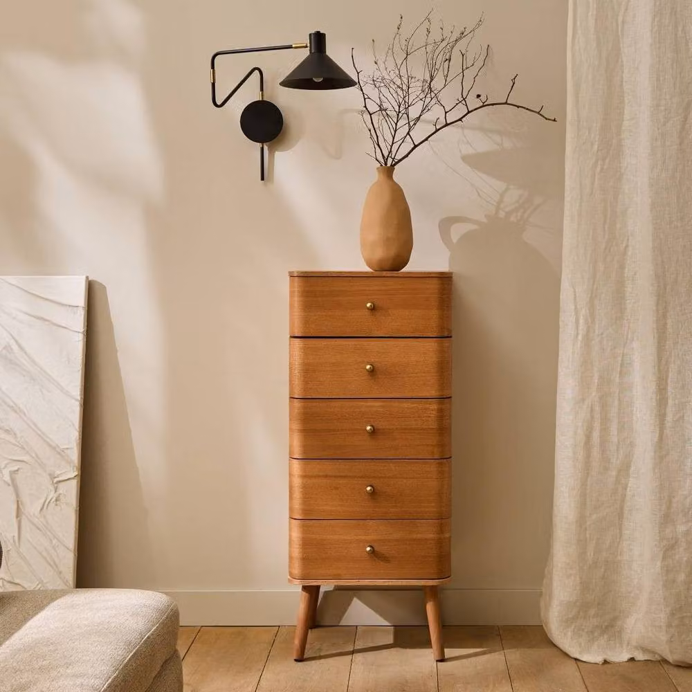 CALICOSY KARL 5-Drawer Chest with Rounded Fronts in Light Brown, H: 100 cm – 2