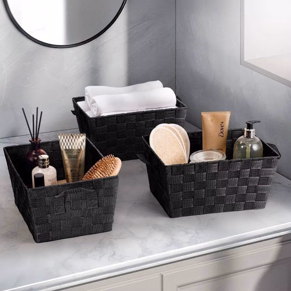 EONLION Set of 3 Black Open Weave Woven Strap Storage Hamper Baskets with Metal Handles – 3